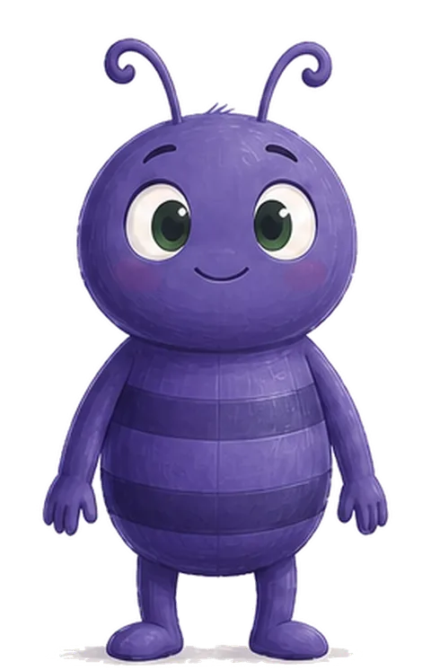 Otto, ein großer dunkelvioletter Floh, steht kräftig und freundlich da