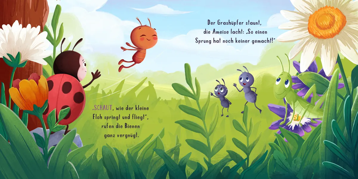Mila, Amir, Amira und Gustav schauen staunend zu, wie der kleine Floh hoch über die Wiese springt
